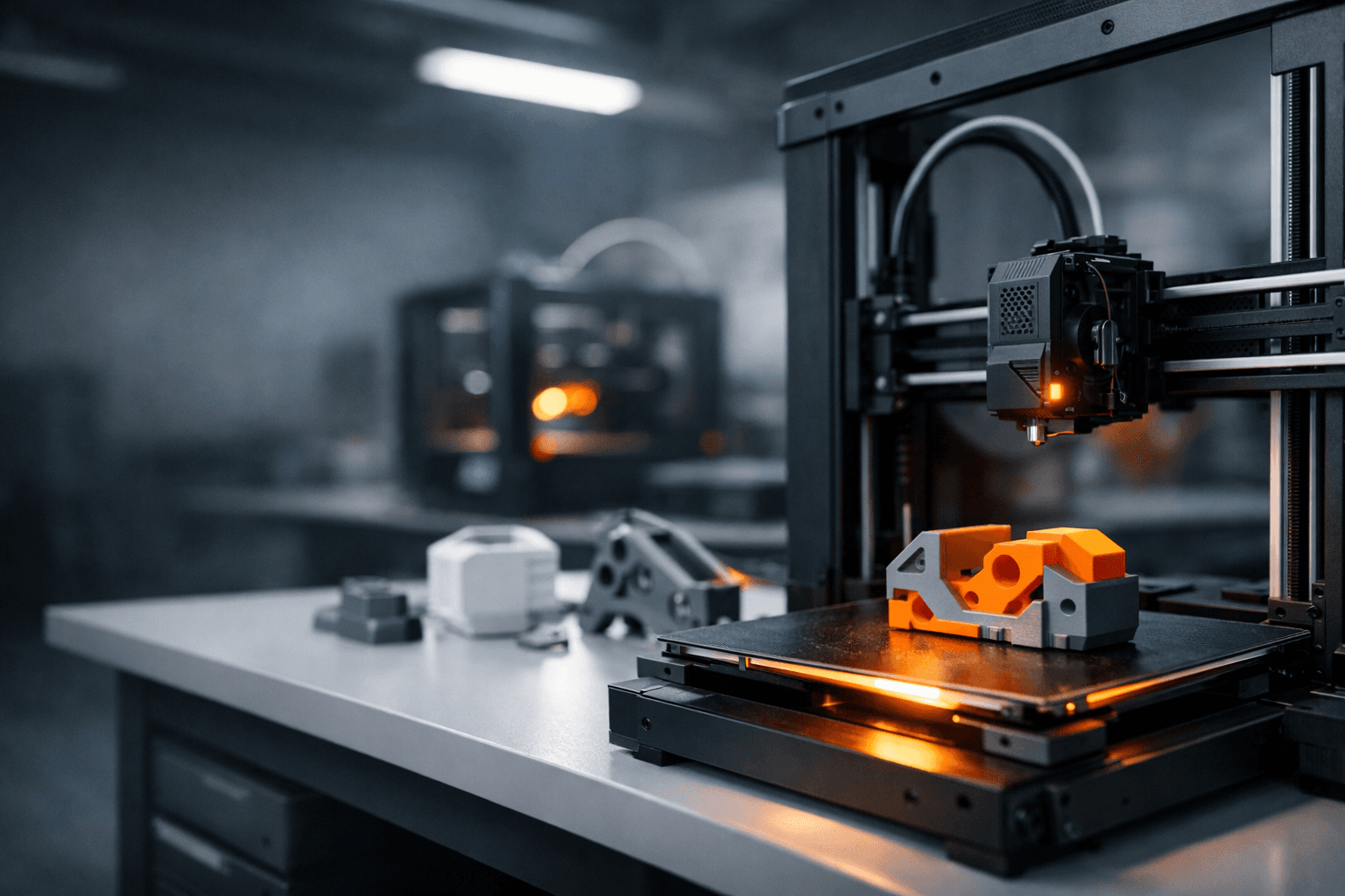 Drukarka 3D w trakcie pracy nad pomarańczowym elementem mechanicznym
